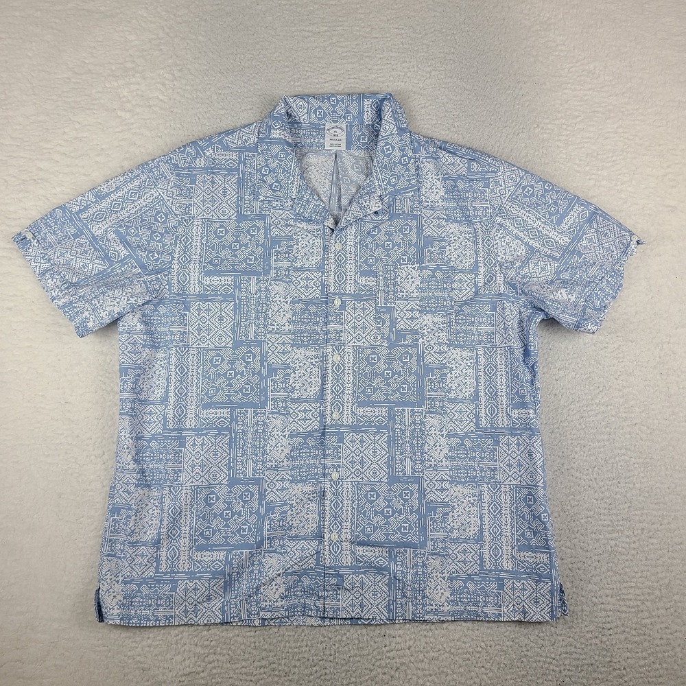 Brooks Brothers Shirt Mens XL Blue Aztec Regular Fit Preppy Hawaiian Button Up